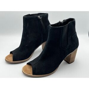 TOMS Majorca Black Suede Perforated Peep Toe Block Heel Ankle Booties Womens 6